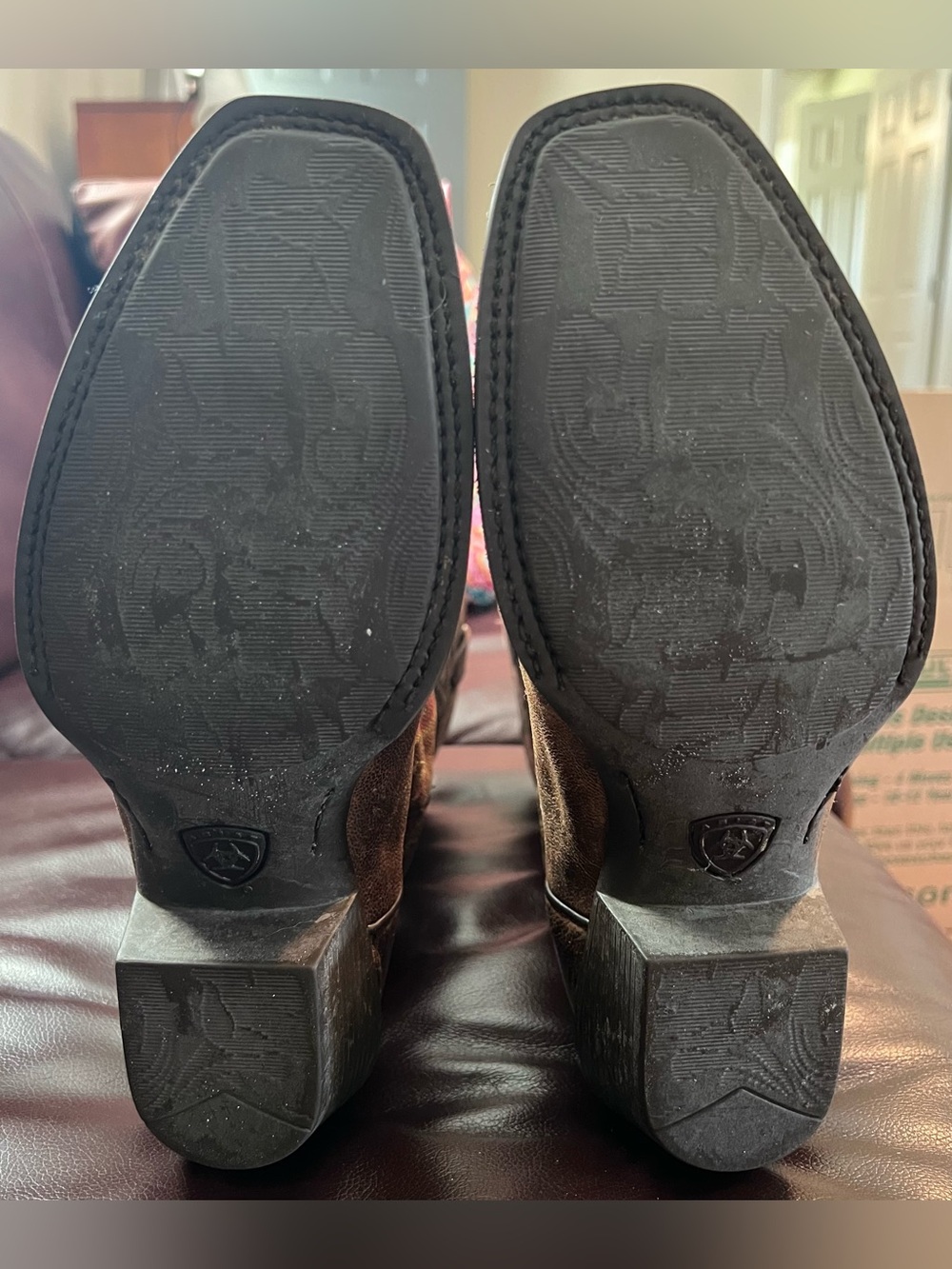 Ariat cowgirl boots size 7B women’s brown leather square toe with red stitching - Picture 5 of 12
